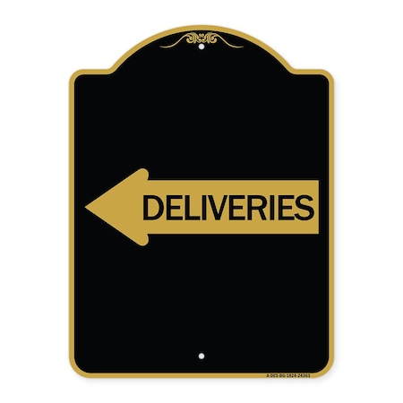 Signmission Designer Series Deliveries W/ Left Arrow, Black & Gold Aluminum Sign, 18" x 24", BG-1824-24363 A-DES-BG-1824-24363